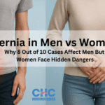 Comparison of hernia symptoms in men and women with red highlighted pain areas.