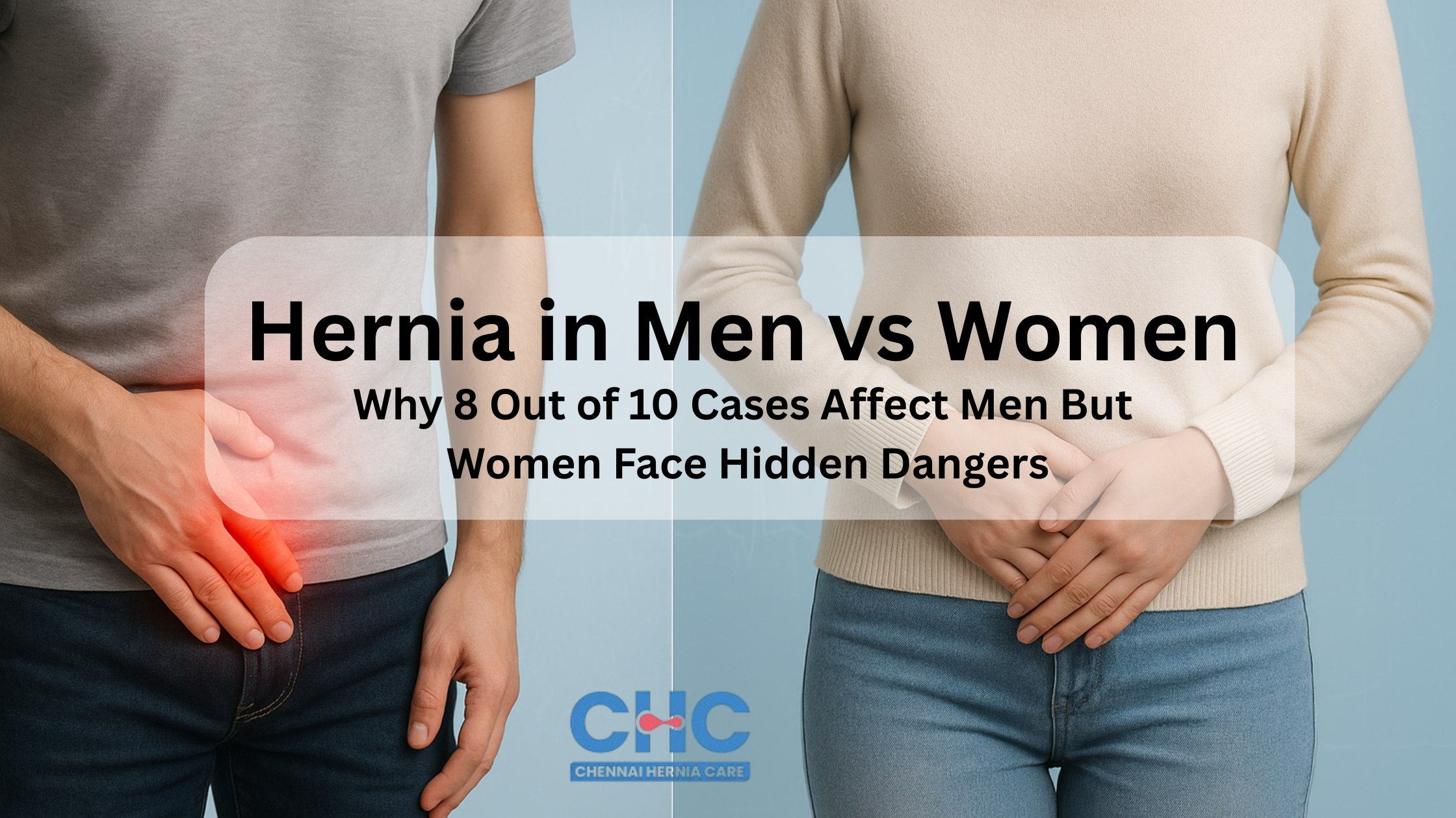 Comparison of hernia symptoms in men and women with red highlighted pain areas.