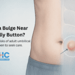 Medical illustration showing abdomen with umbilical hernia bulge near navel, marked with soft clinical overlays.