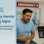 Doctor shows ultrasound report to patient regarding hernia surgery consultation in the hospital