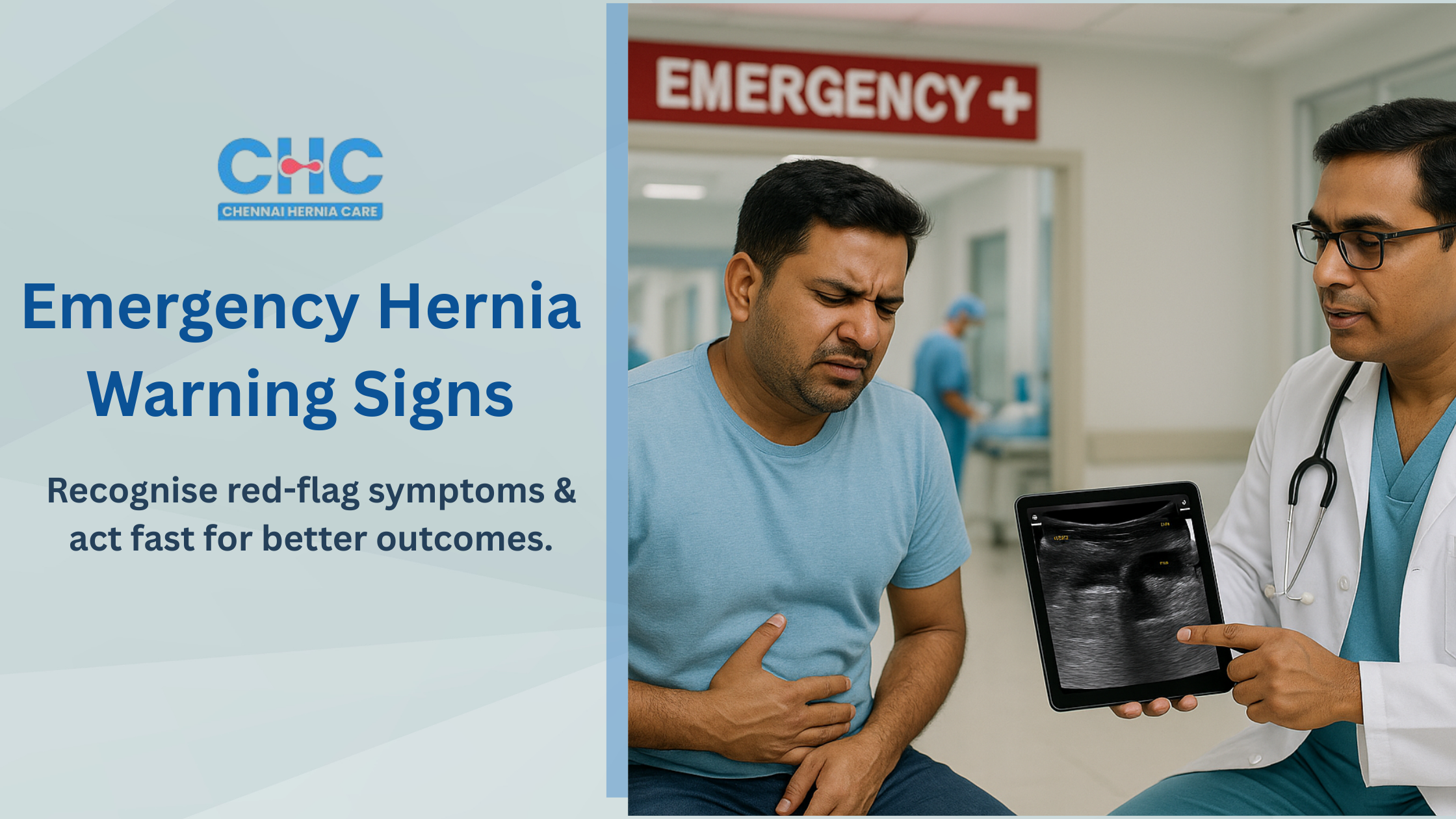 Doctor shows ultrasound report to patient regarding hernia surgery consultation in the hospital