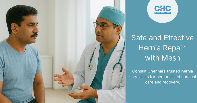 The patient consulting with a hernia surgeon, discussing mesh repair options for abdominal wall hernia, highlighting personalized treatment plans.