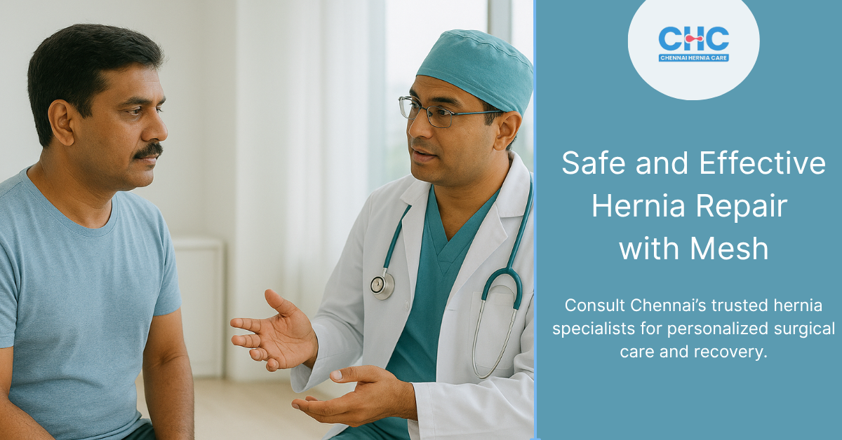 The patient consulting with a hernia surgeon, discussing mesh repair options for abdominal wall hernia, highlighting personalized treatment plans.