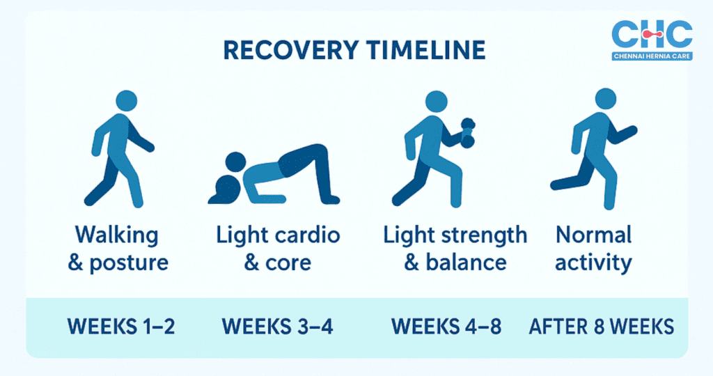 Start hernia exercises with slow walking in the first 1–2 weeks, then gradually include light cardio and balance exercises by later weeks.