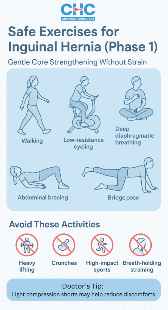 Inguinal hernia recovery exercises: walking, cycling, diaphragmatic breathing, and bridge pose. Avoid heavy lifting and crunches.