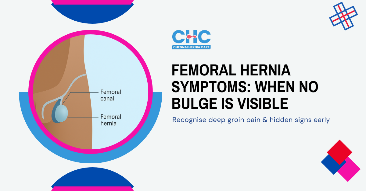 Femoral hernia awareness banner with anatomical illustration highlighting hidden symptoms and deep groin pain.