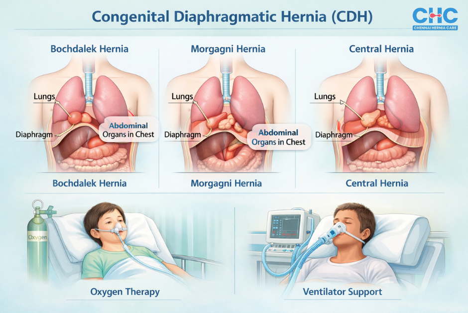 Congenital diaphragmatic hernia (CDH) types: Bochdalek, Morgagni, and Central Hernia, showing abdominal organs in the chest. Includes oxygen therapy and ventilator support treatment in a clinical setting.